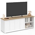 ID MARKET - Meuble TV 140 cm  JANGO 2 portes coulissantes blanc et plateau bois - vignette