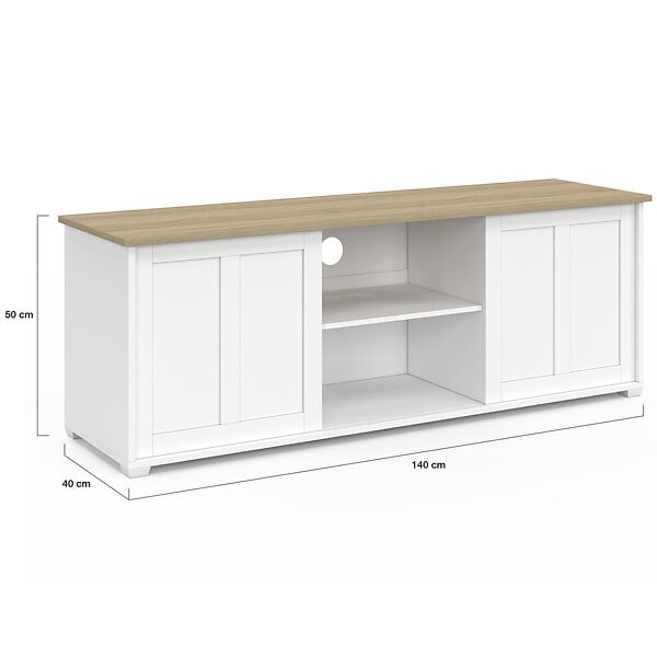 ID MARKET - Meuble TV 140 cm  JANGO 2 portes coulissantes blanc et plateau bois - large