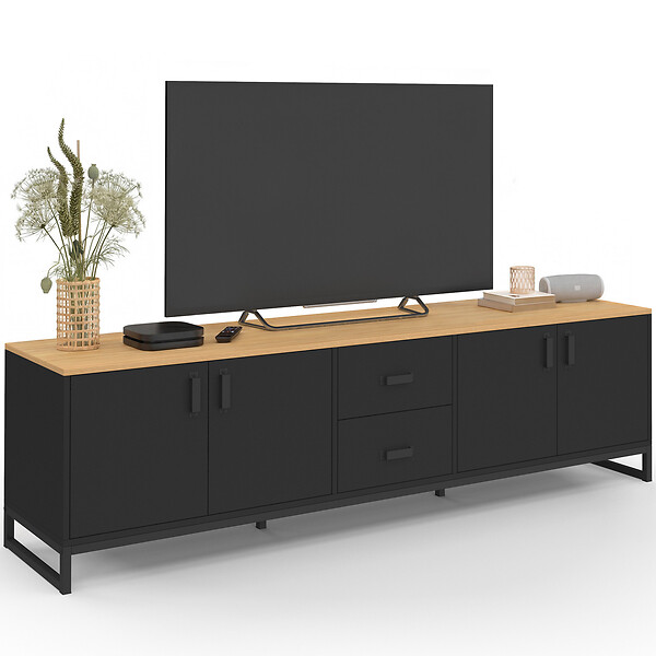 ID MARKET - Meuble TV 180 cm WASHINGTON 4 portes et 2 tiroirs bois et noir - large