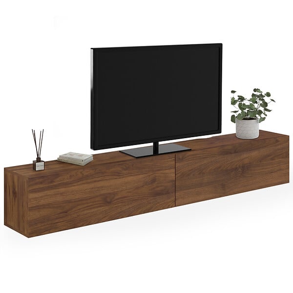 ID MARKET - Meuble TV 180 cm suspendu ELIO 2 portes bois effet noyer - large