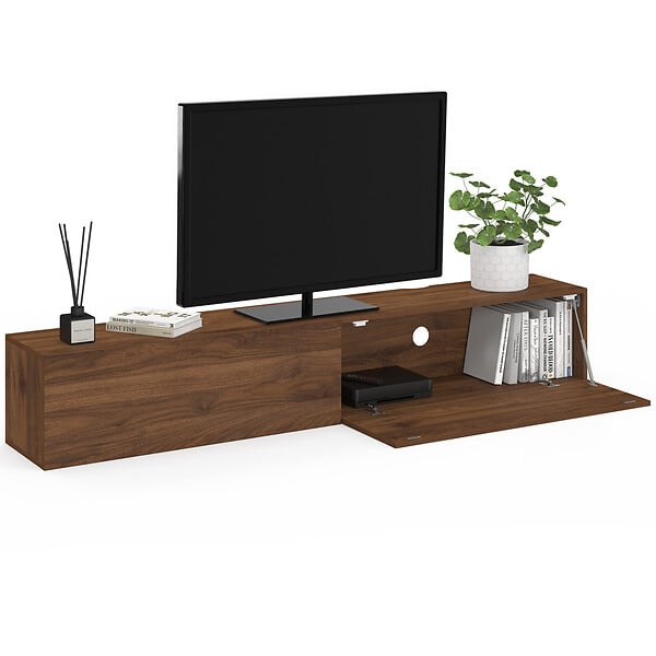 ID MARKET - Meuble TV 180 cm suspendu ELIO 2 portes bois effet noyer - large