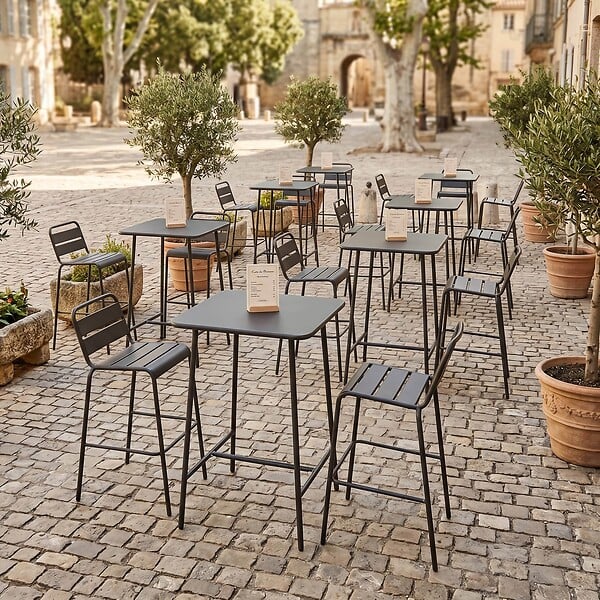 OVIALA - Ensemble table de bar et 2 chaises hautes en métal gris - Palavas - large