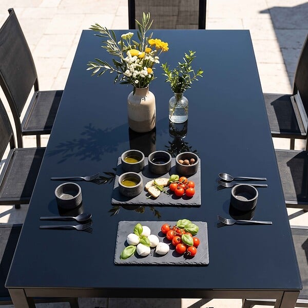 OVIALA - Ensemble table de jardin et 8 chaises avec plateau verre noir - Ajaccio - large