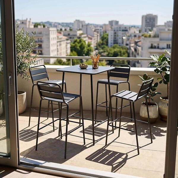 OVIALA - Ensemble table de bar et 4 chaises hautes en métal anthracite - Palavas - large