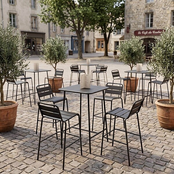 OVIALA - Ensemble table de bar et 4 chaises hautes en métal anthracite - Palavas - large