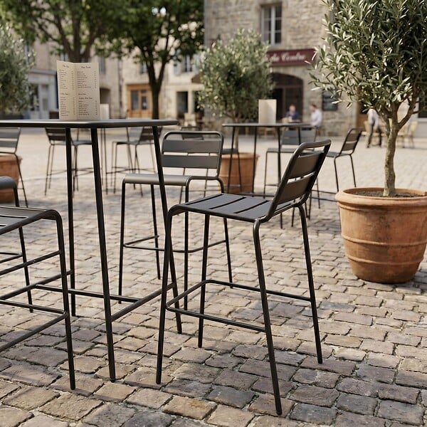 OVIALA - Ensemble table de bar et 4 chaises hautes en métal anthracite - Palavas - large