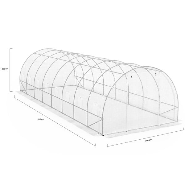 ID MARKET - Serre de jardin tunnel 24m² 8 x 3 x 2 m acier galvanisé + bâche anti-UV avec porte et fenêtres DES ANDES blanche toutes saisons - large