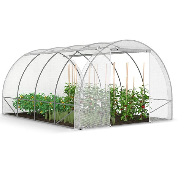 ID MARKET - Serre de jardin tunnel 12m² 4 x 3 x 2 m acier galvanisé + bâche anti-UV avec porte et fenêtres ZEBRA blanches toutes saisons - large