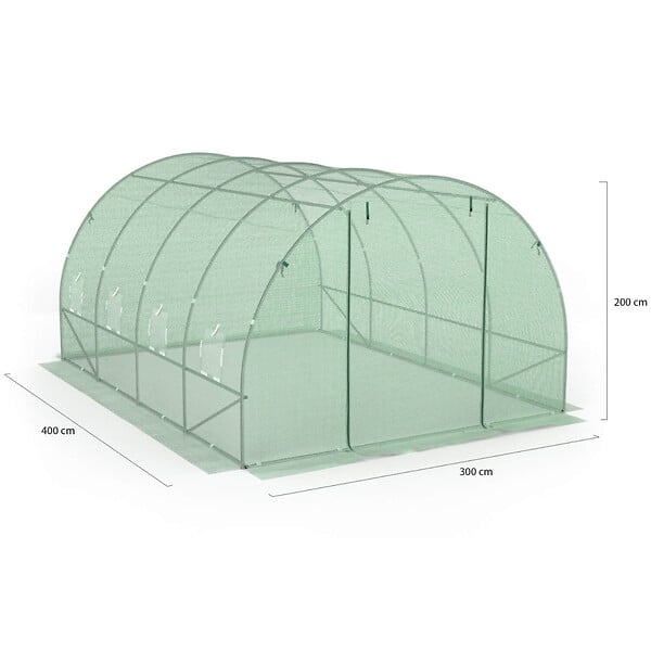 ID MARKET - Serre de jardin tunnel 12m² 4 x 3 x 2 m acier galvanisé + bâche anti-UV avec porte et fenêtres ZEBRA verte - large