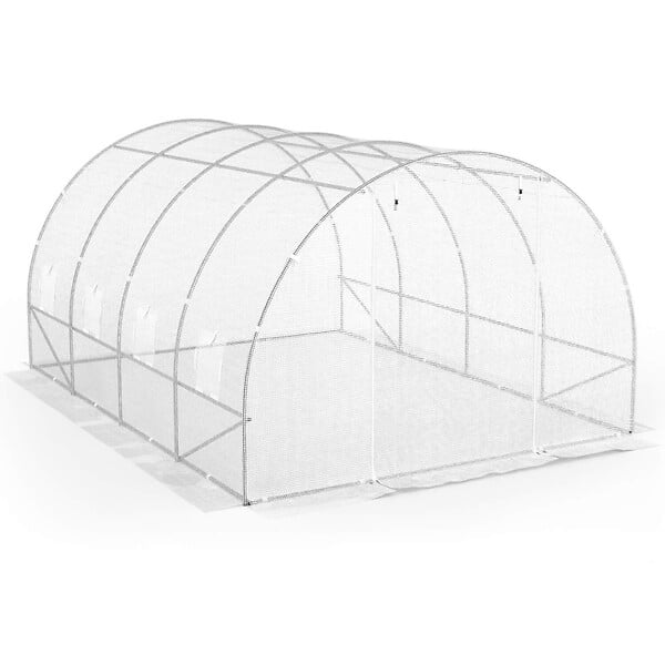 ID MARKET - Serre de jardin tunnel 12m² 4 x 3 x 2 m acier galvanisé + bâche anti-UV avec porte et fenêtres ZEBRA blanche - large