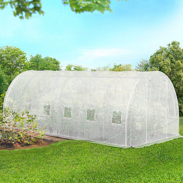ID MARKET - Serre de jardin tunnel 18m² 6 x 3 x 2 m acier galvanisé + bâche anti-UV avec porte et fenêtres CRIMÉE blanche toutes saisons - large