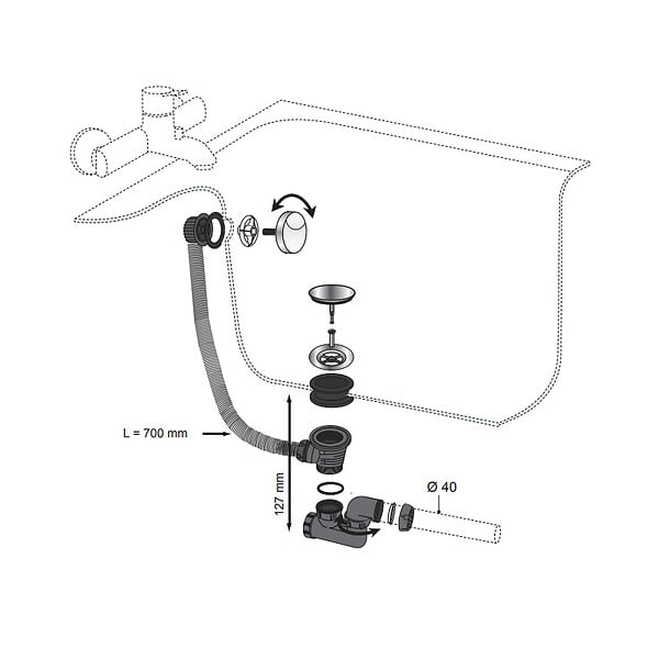 WIRQUIN - Vidage complet de baignoire NF à câble finition ABS blanc mat L. 700 mm - large