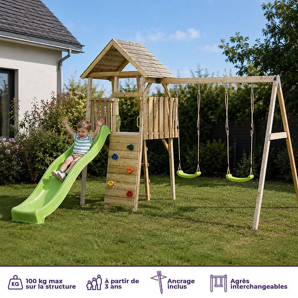 KANGUI - Aire de jeux bois, 2 balançoires, toboggan, escalade, cabane WOODI - large