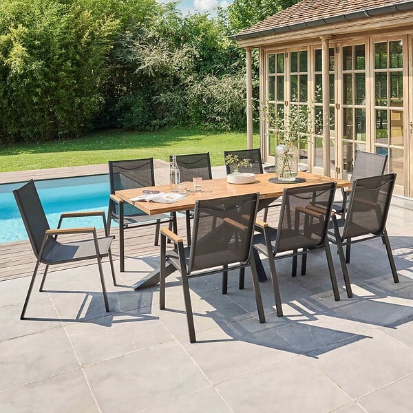 OVIALA - Table de jardin en aluminium et bois d'acacia 8 places 200x95 cm - Stella - large