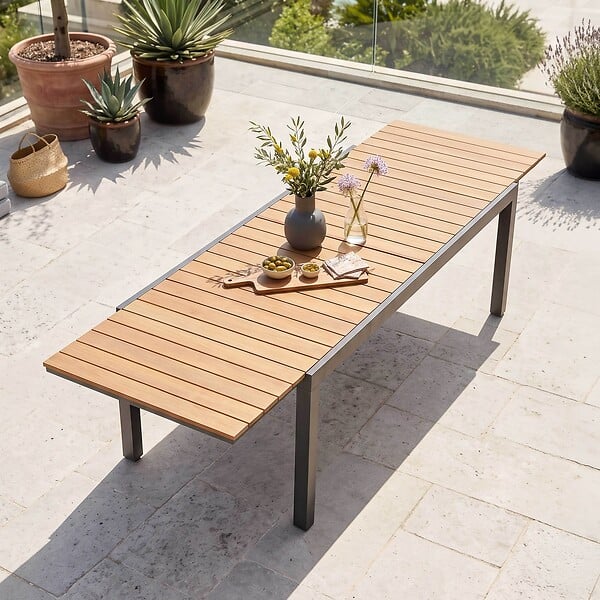 OVIALA - Table extensible en aluminium et bois synthétique marron 10  places - Nimes - large