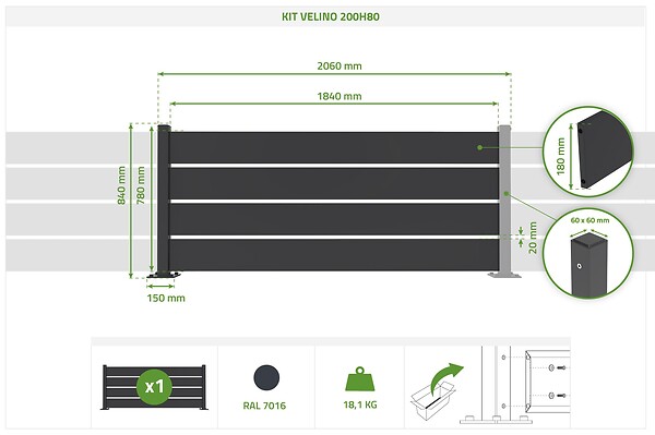 CASANOOV - Casanoov Kit extension clôture acier noir semi-ajourée VELINO 2m x H.80 cm - large
