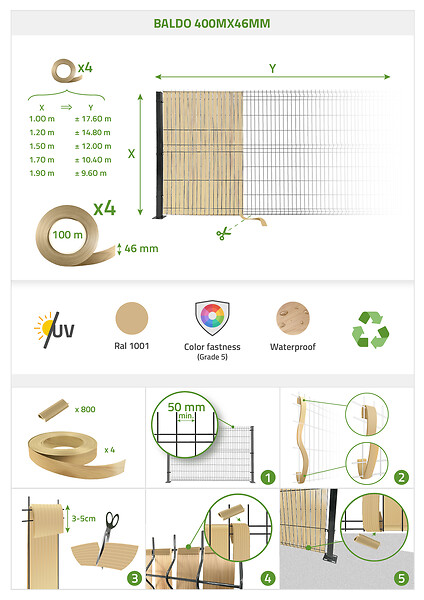 CASANOOV - Casanoov Rouleau brise-vue PVC 400m BALDO L.46 mm beige - Kit complet fixation avec clips et profil de finition - large