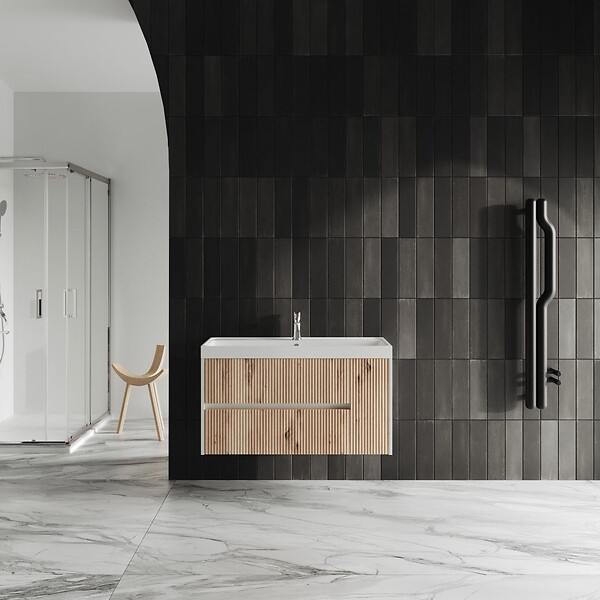 KIAMAMI VALENTINA - Meuble De Salle De Bain Suspendu 100Cm Chêne Doré Sans Miroir | Cortina - large
