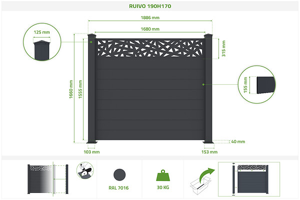 CASANOOV - Casanoov Lot de 5 Clôtures Aluminium Semi-Ajourées 1,9m Ruivo H.170  cm gris - large