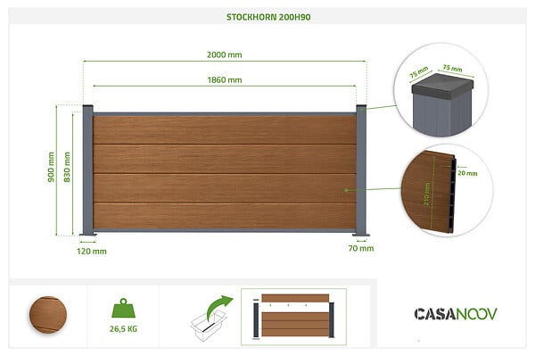 CASANOOV - Casanoov Clôture composite 2m Stockhorn H.90  cm sur plaque finition teck - large