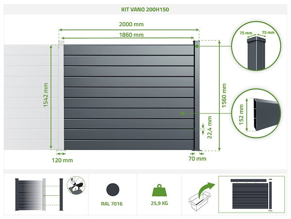 CASANOOV - Casanoov Kit extension clôture 2m VANO H.150  cm aluminium gris - large