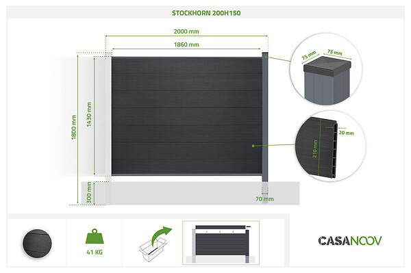 CASANOOV - Casanoov Kit clôture composite 2m STOCKHORN H.150  cm gris à sceller - large