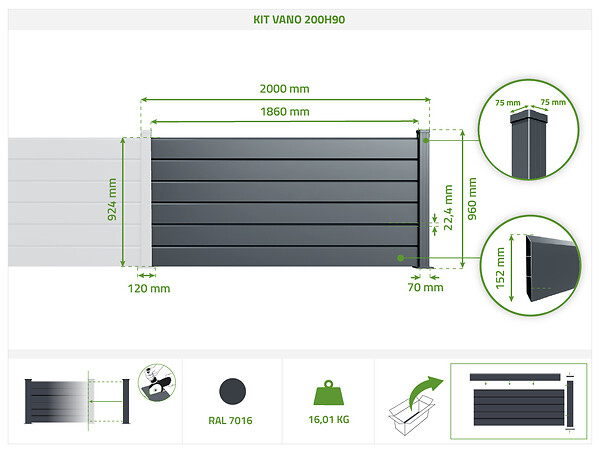 CASANOOV - Casanoov Kit extension clôture 2m VANO H.90  cm aluminium gris - large