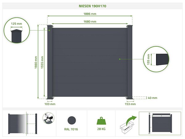 CASANOOV - Casanoov Lot de 10 panneaux de clôture aluminium NIESEN H.170   cm - Kit complet 19m - large