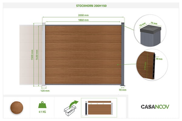 CASANOOV - Casanoov Clôture composite Stockhorn 8 m H.150   cm sur plaque finition teck - large