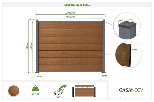 CASANOOV - Casanoov Clôture composite Stockhorn 6 m H.150   cm sur plaque finition teck - large
