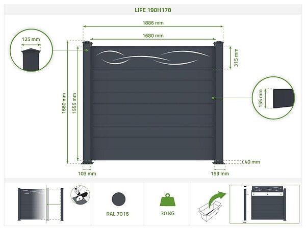 CASANOOV - Casanoov Lot de 5 kits de clôture aluminium LIFE H.170   cm - kits complet 9.5 m - large