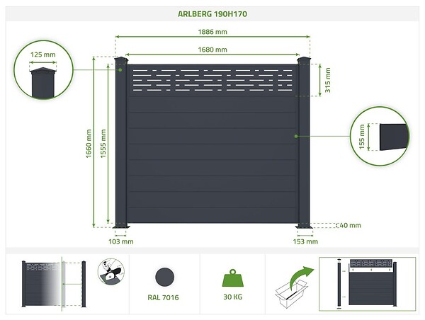 CASANOOV - Casanoov Lot de 3 kits de clôture aluminium ARLBERG H.170   cm - kits complet 5.7m - large