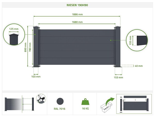 CASANOOV - Casanoov Lot de 5 kits de clôture aluminium NIESEN H.90   cm - kits complet 9.5 m - large