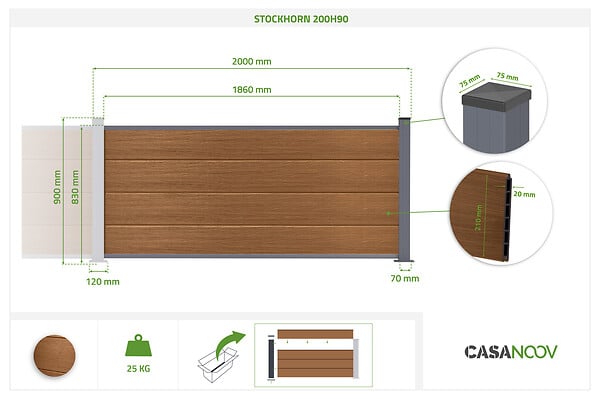 CASANOOV - Casanoov Kit d'extension clôture composite 2m STOCKHORN H.90  cm sur plaque finition teck - large