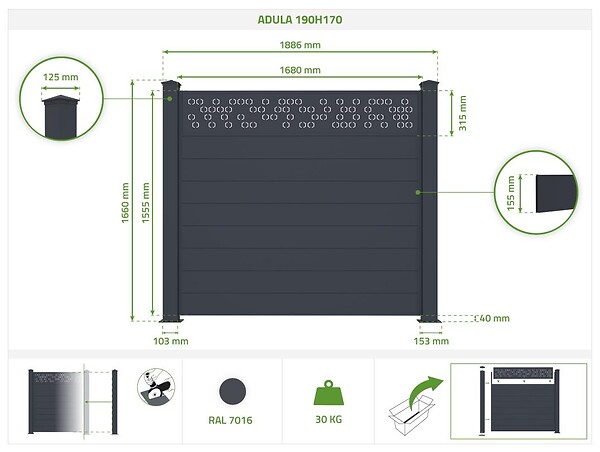 CASANOOV - Casanoov Kit clôture aluminium semi-ajourée ADULA – H.170   cm – L.1,90 m – kit complet - large