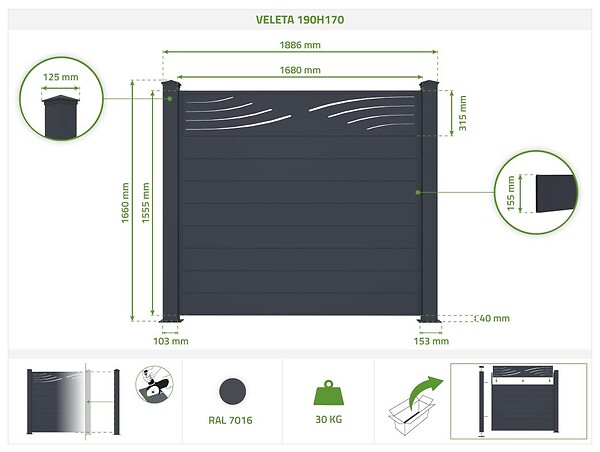 CASANOOV - Casanoov Lot de 5 kits de clôture aluminium VELETA H.170   cm - kits complet 9.5 m - large