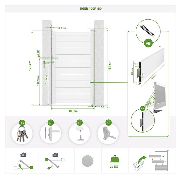 CASANOOV - Casanoov Portillon 1m EIGER H.180  cm blanc + Kit inversion ouverture - large