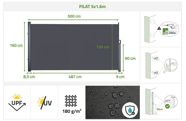 CASANOOV - Casanoov Paravent extérieur rétractable PILAT 5x1,6 m gris anthracite - large