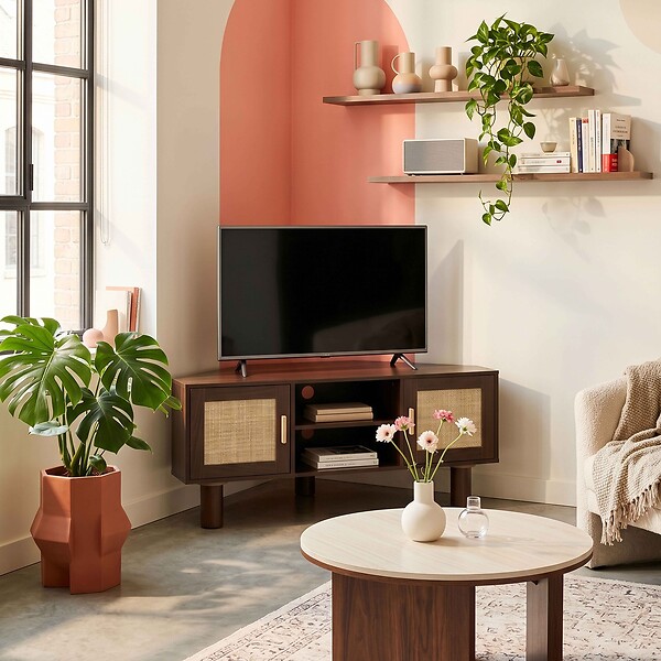 OVIALA - Meuble TV d'angle 120 cm en rotin synthétique scandinave bois foncé - Adam - large