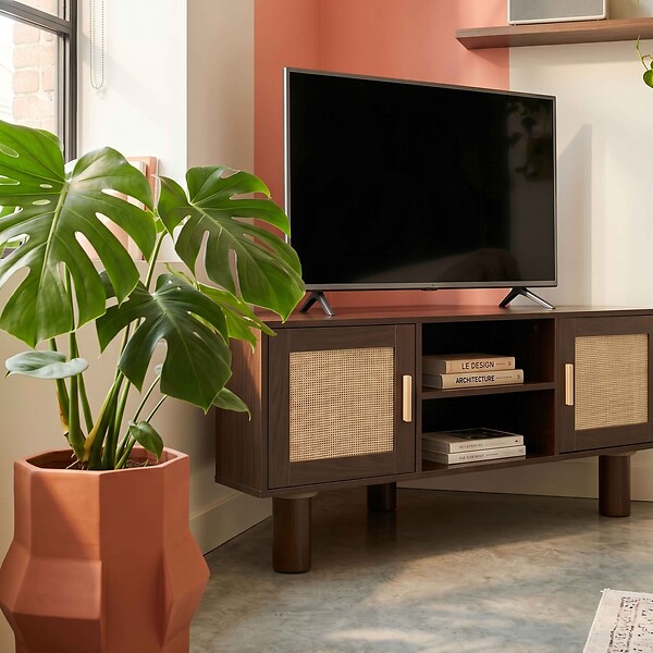 OVIALA - Meuble TV d'angle 120 cm en rotin synthétique scandinave bois foncé - Adam - large