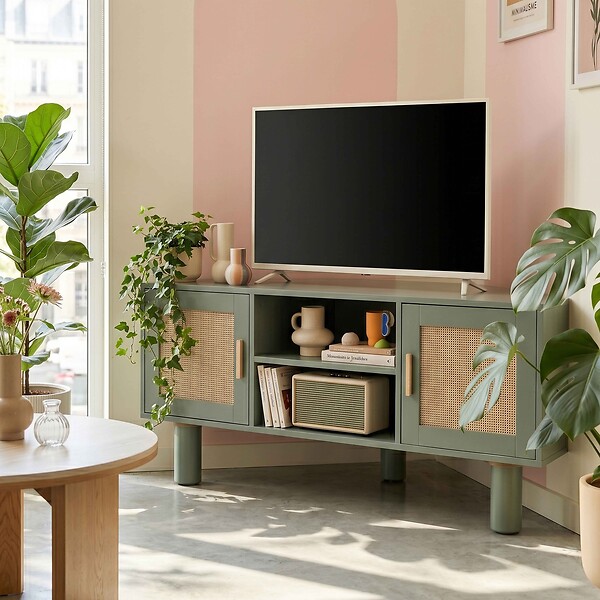 OVIALA - Meuble TV d'angle 120 cm en rotin synthétique scandinave vert foncé - Adam - large