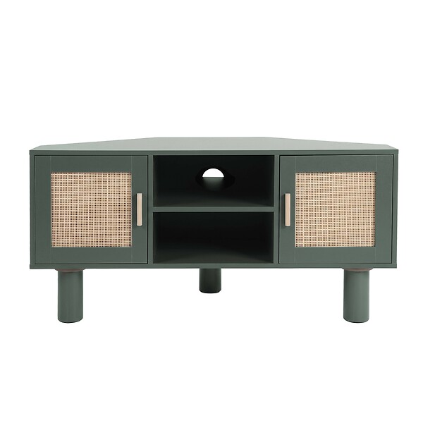 OVIALA - Meuble TV d'angle 120 cm en rotin synthétique scandinave vert foncé - Adam - large