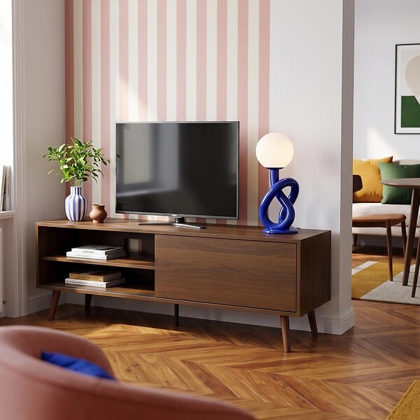 OVIALA - Meuble TV 1 porte rectangulaire L160 cm marron - Jena - large