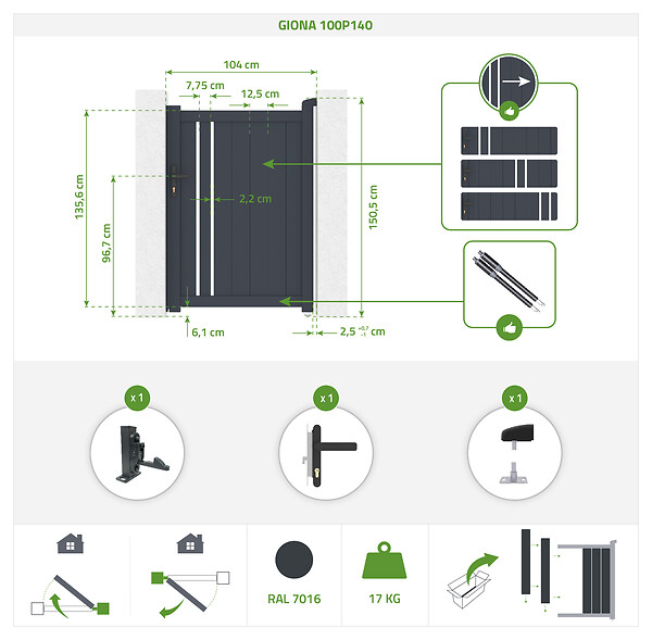 CASANOOV - Casanoov Portillon 1m GIONA H.1,4 m + 2 poteaux EIFEL H.166  cm Gris - large