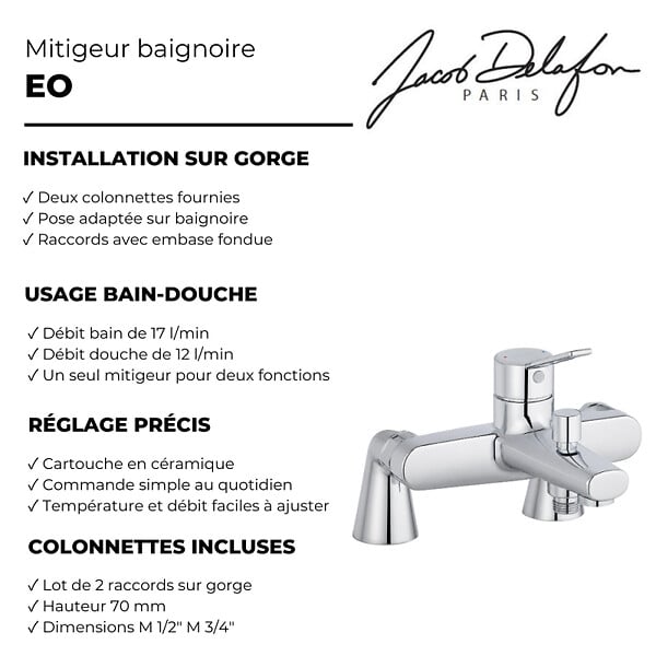JACOB DELAFON - Mitigeur baignoire mécanique Eo chromé avec colonnettes - large