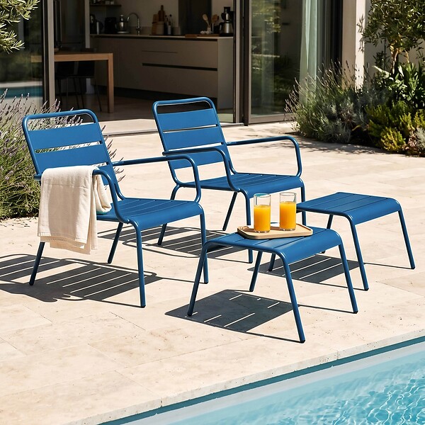 OVIALA - Lot de 2 fauteuils relax avec repose-pieds en métal bleu pacific - Palavas - large