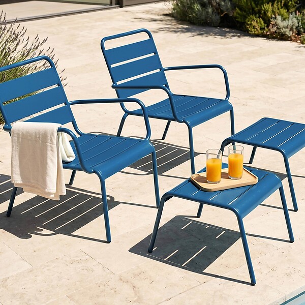 OVIALA - Lot de 2 fauteuils relax avec repose-pieds en métal bleu pacific - Palavas - large
