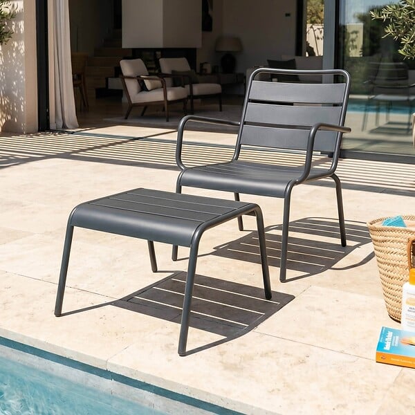 OVIALA - Fauteuil relax et repose pied en métal anthracite - Palavas - large