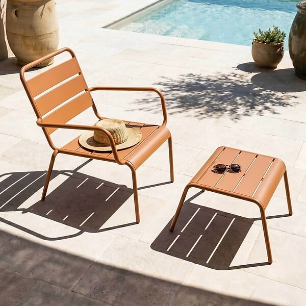 OVIALA - Fauteuil relax et repose pied en métal Caramel - Palavas - large