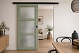 GD MENUISERIES - Porte Coulissante Vert Sauge RAL 6021 Vitrée H204 x L73 cm, Rail Alu Bandeau Noir, coquilles Noir - vignette